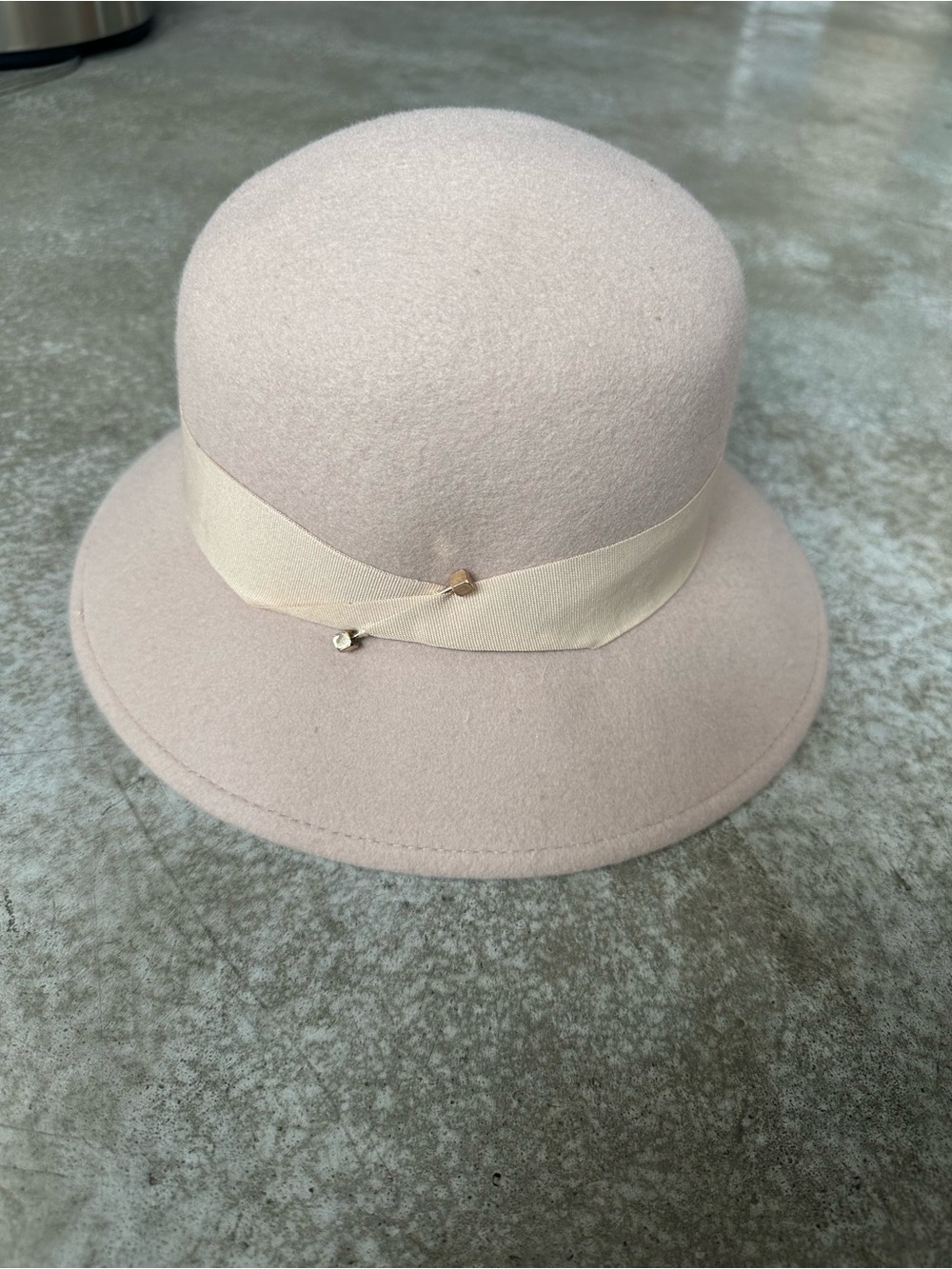 Blush Wool Felt and Cream Grosgrain Ribbon Band Cloche Hat